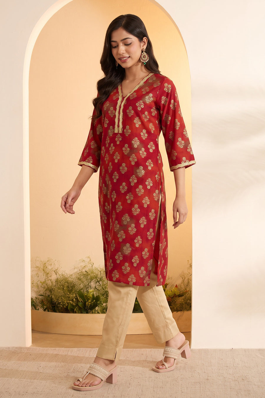 Red and gold printed kurta and pants set by BIBA, image 1 of 4