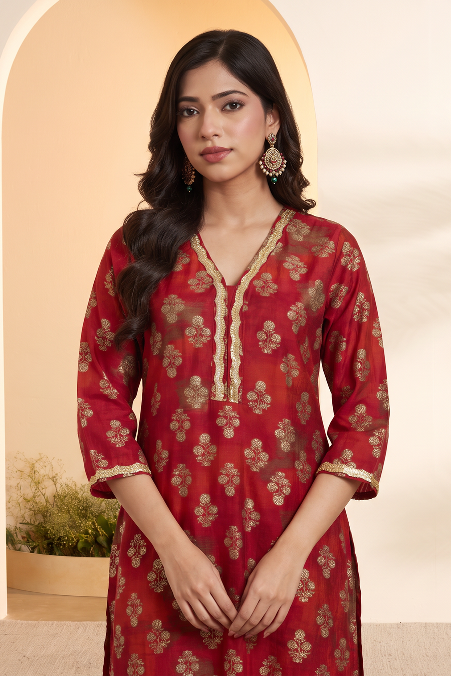 Red and gold printed kurta and pants set by BIBA, image 2 of 4