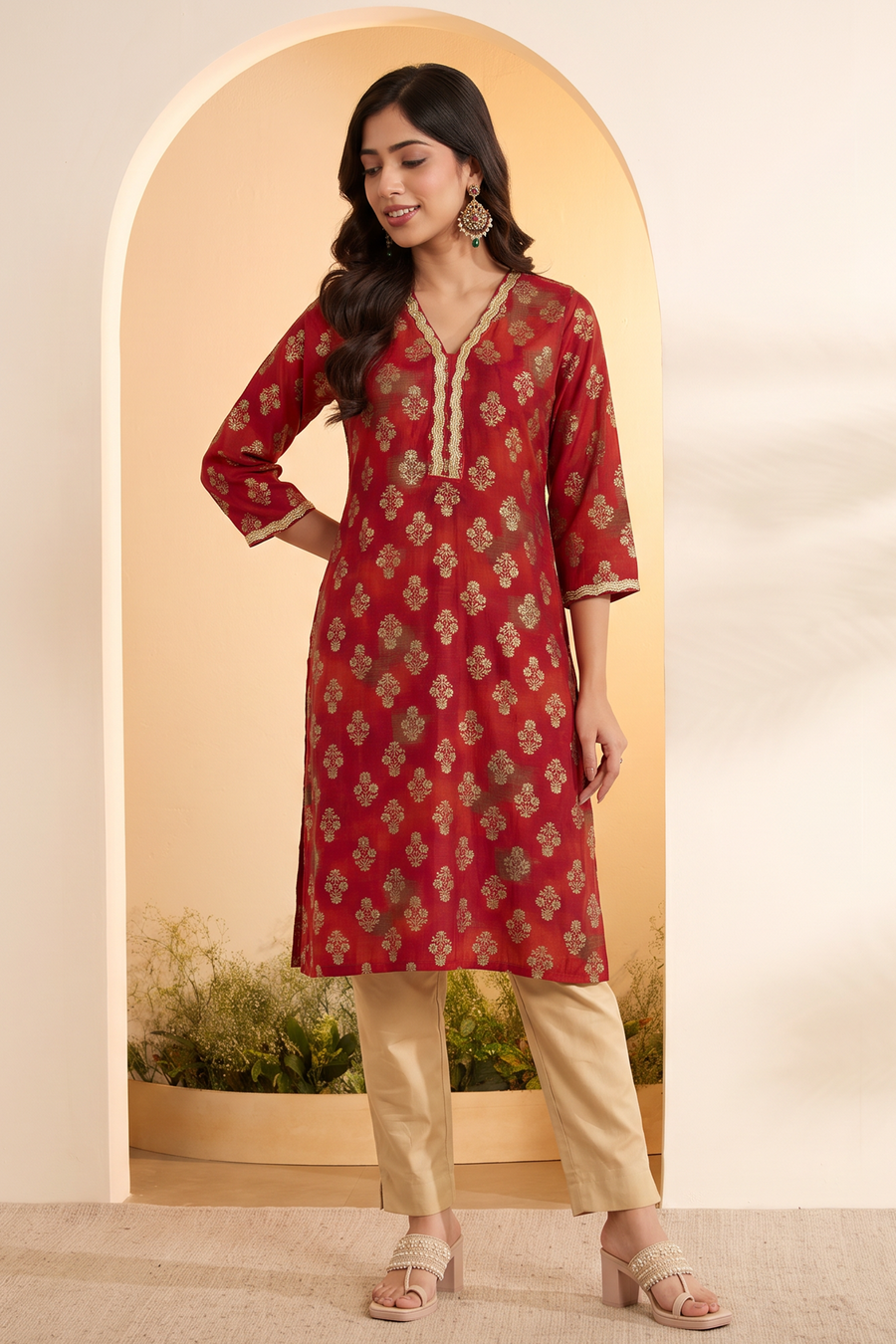 Red and gold printed kurta and pants set by BIBA, image 4 of 4