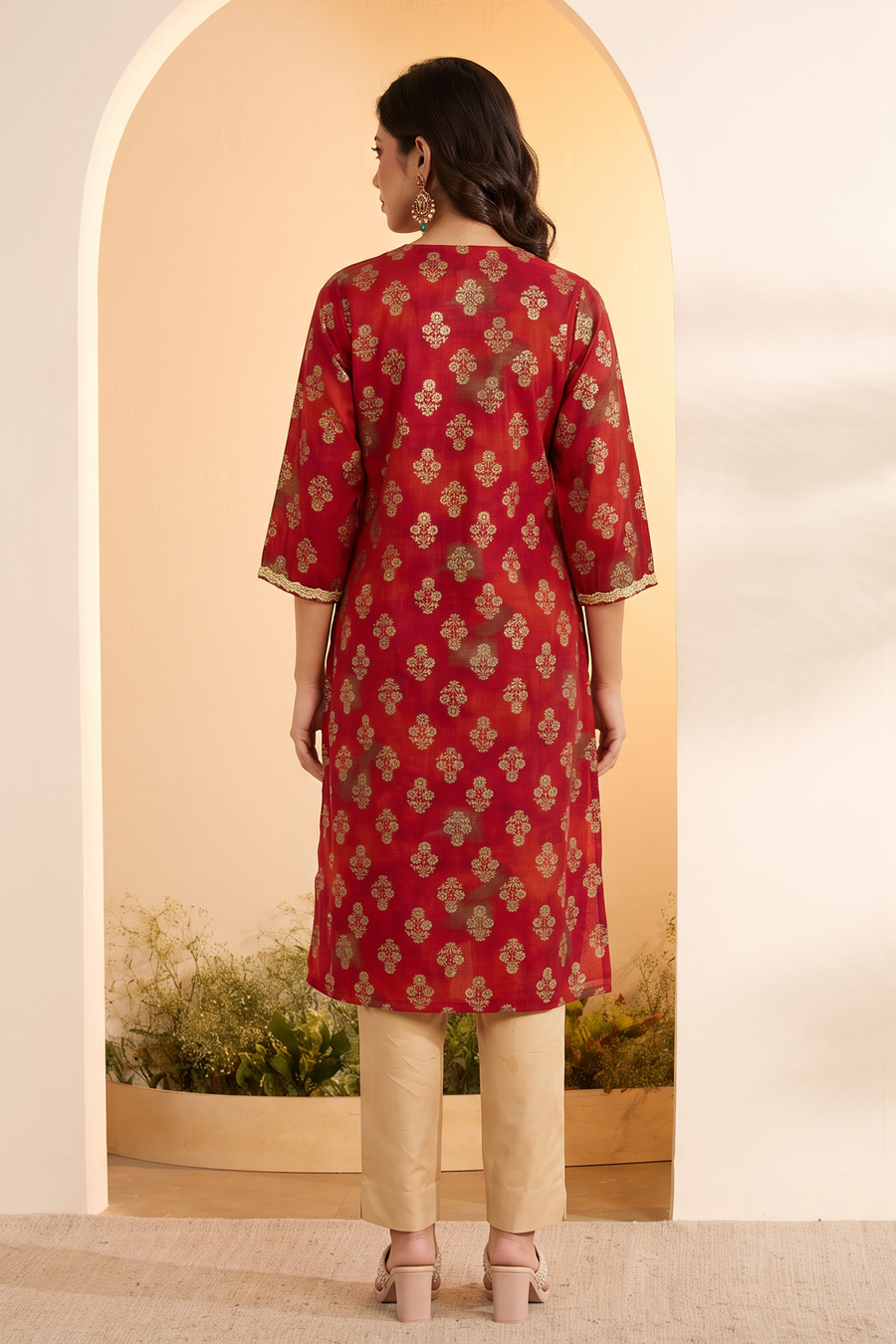 Red and gold printed kurta and pants set by BIBA, image 3 of 4