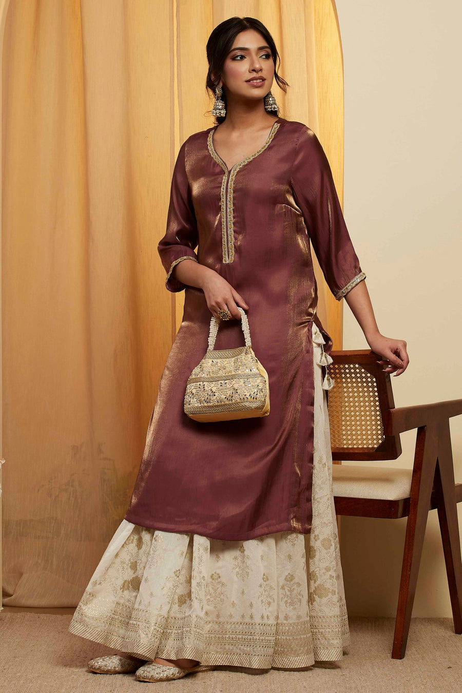 Wine & Gold Shimmer Straight Kurta
