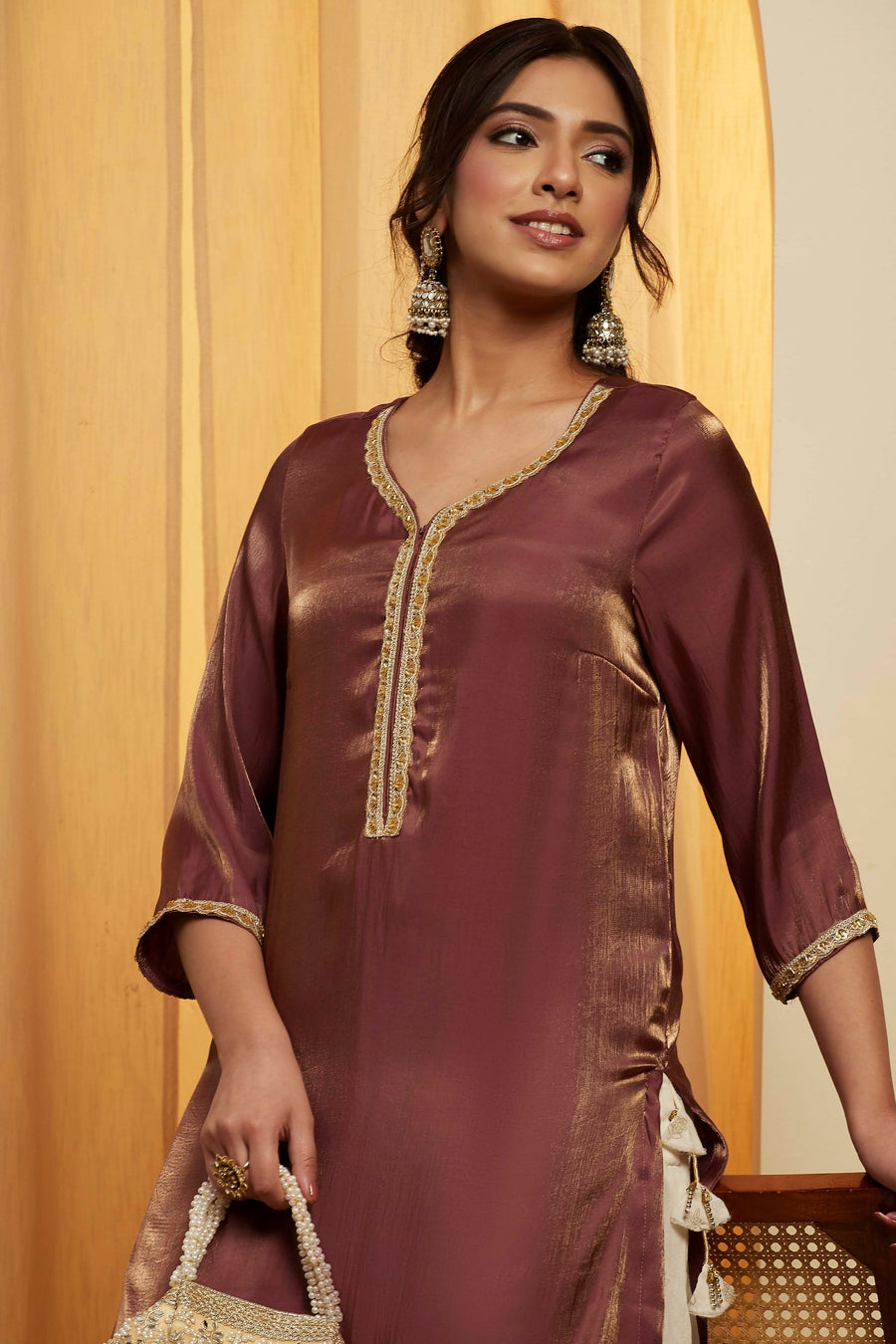 Wine & Gold Shimmer Straight Kurta – view 2
