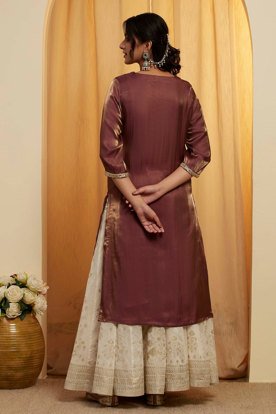 Wine & Gold Shimmer Straight Kurta – view 4