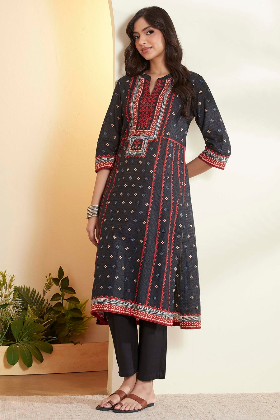 Black and red printed kurta and pants set by BIBA, image 1 of 3