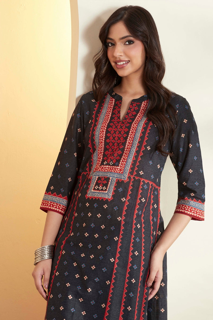 Black and red printed kurta and pants set by BIBA, image 2 of 3