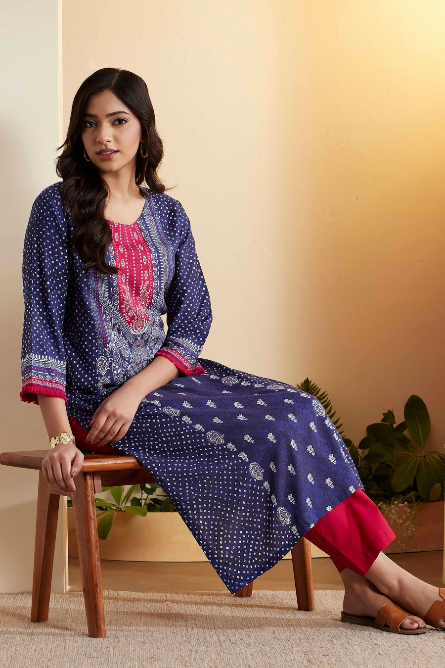 Navy blue and pink printed kurta and pants set by BIBA, image 1 of 3