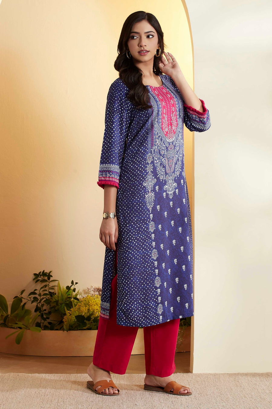 Navy blue and pink printed kurta and pants set by BIBA, image 2 of 3