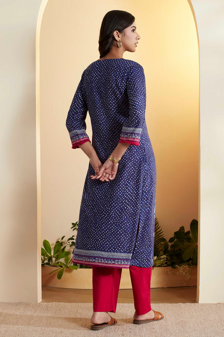 Navy blue and pink printed kurta and pants set by BIBA, image 3 of 3