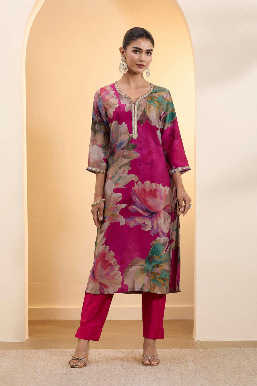 Berry Pink Poly Viscose Floral Straight Kurta