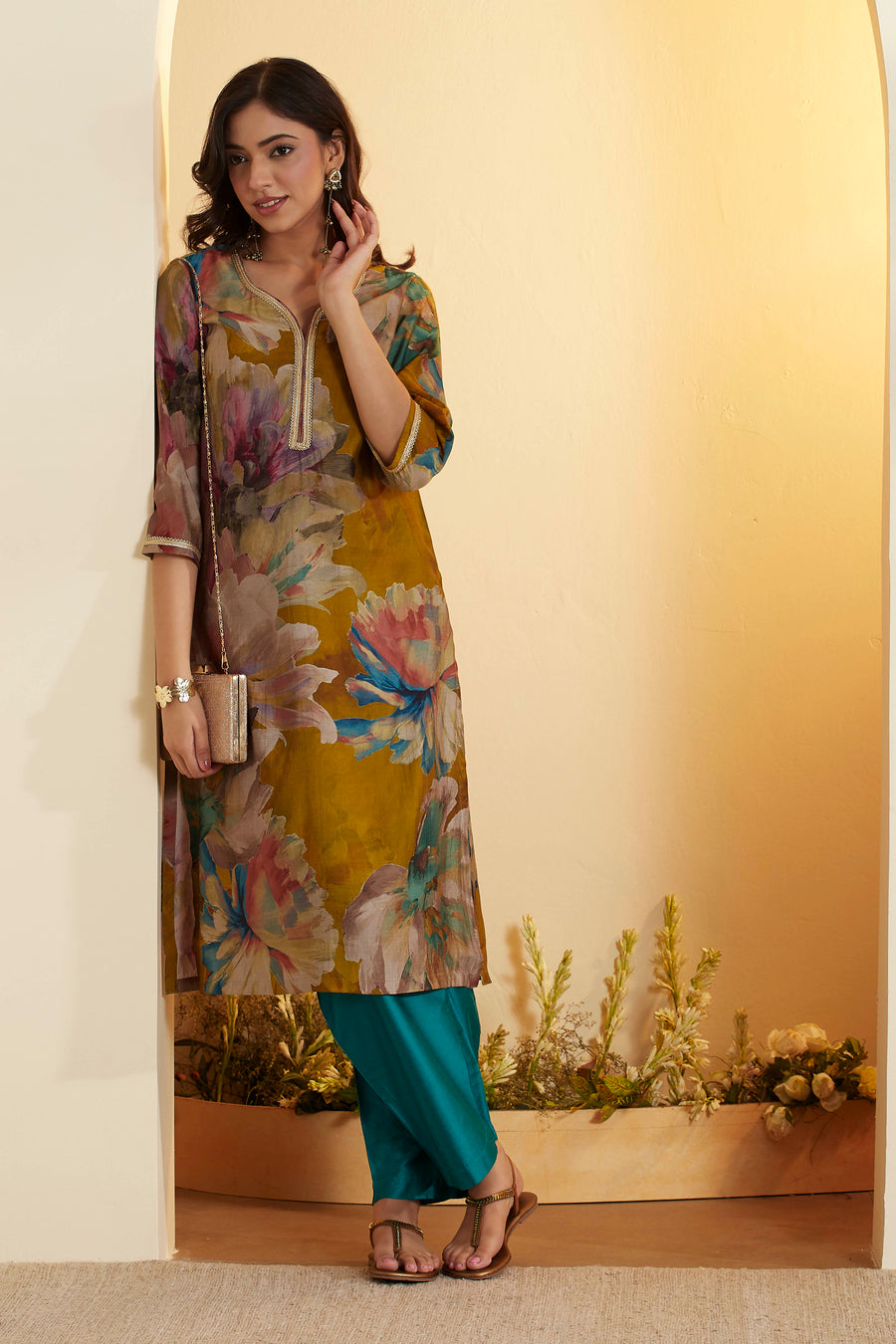 Mustard Green Printed Poly Viscose Straight Kurta