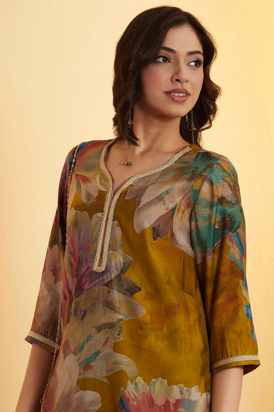 Mustard Green Printed Poly Viscose Straight Kurta