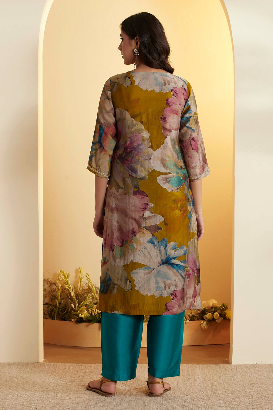 Mustard Green Printed Poly Viscose Straight Kurta
