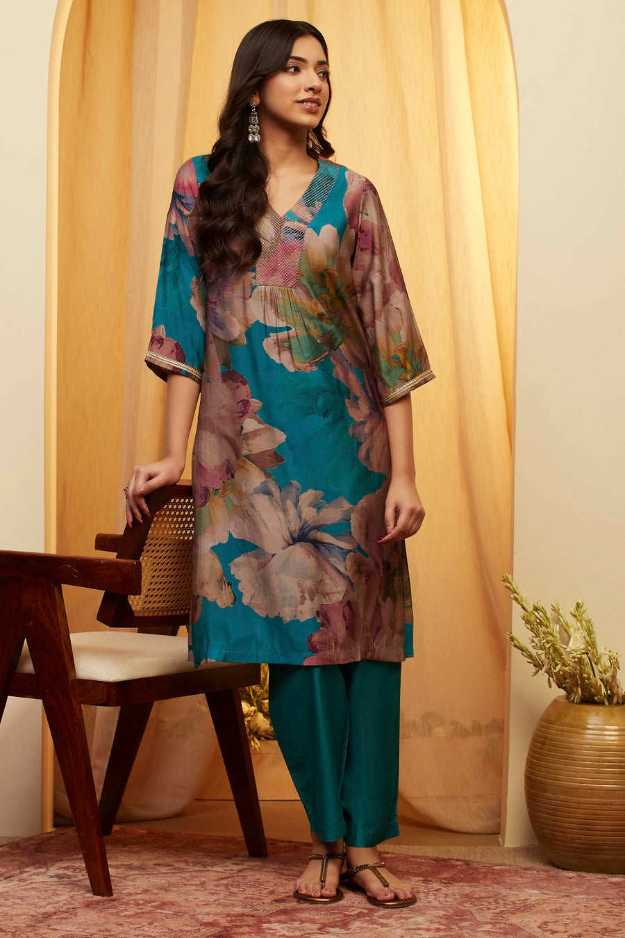 Turquoise floral print kurta and pants set by BIBA, image 1 of 3