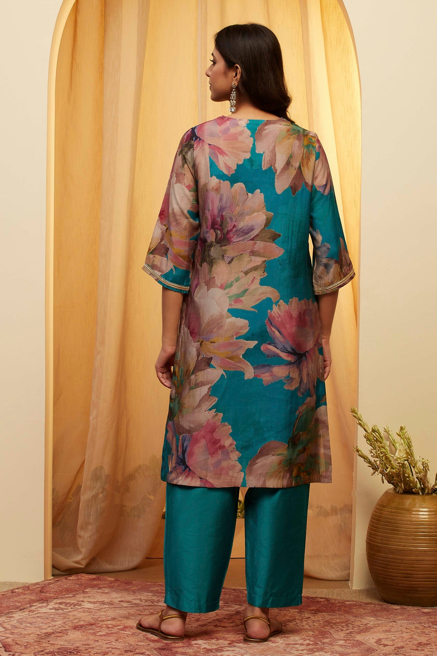 Turquoise floral print kurta and pants set by BIBA, image 3 of 3