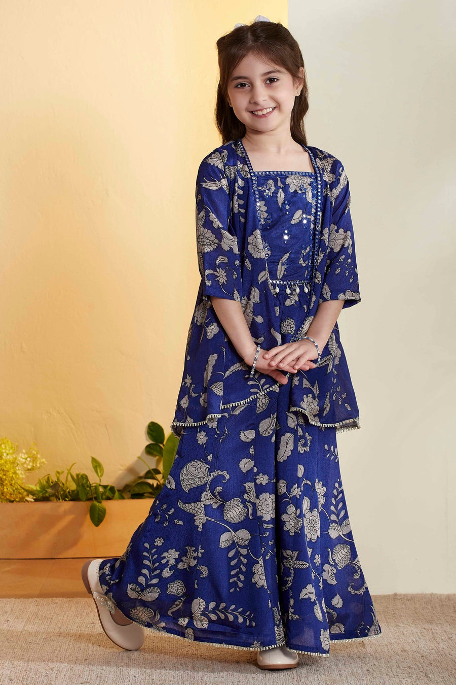 Girls Royal Blue Floral Printed Sharara Set
