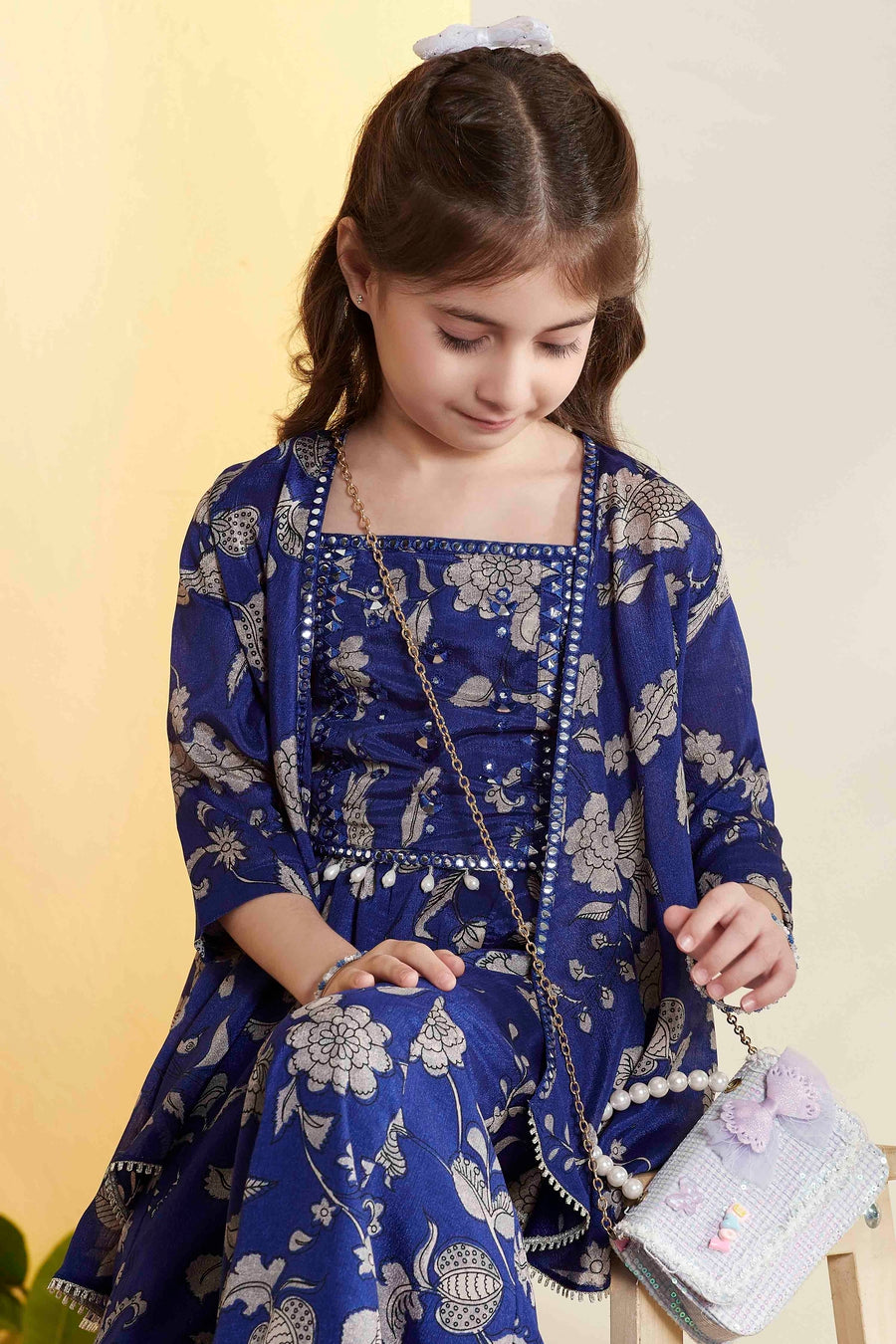 Girls Royal Blue Floral Printed Sharara Set – view 2