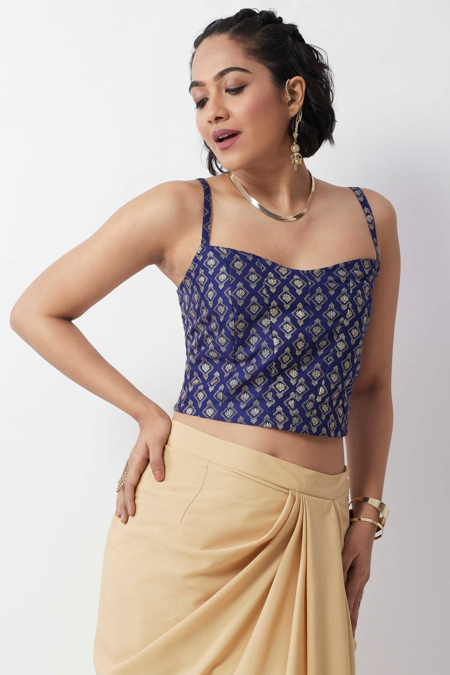Royal Blue Printed Sleeveless Crop Top