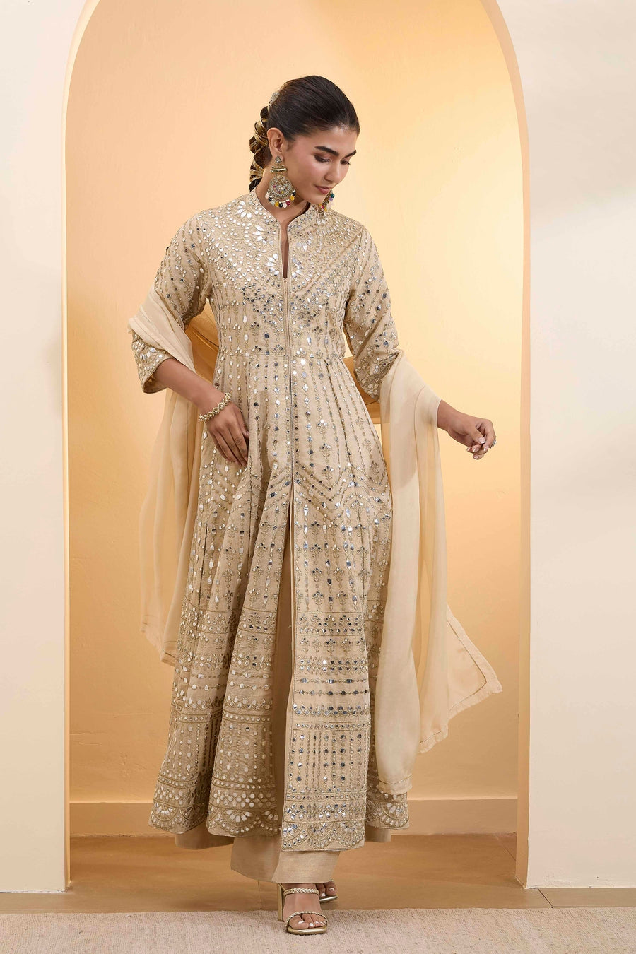 Beige Cotton Zari Tissue Kalidar Kurta Set