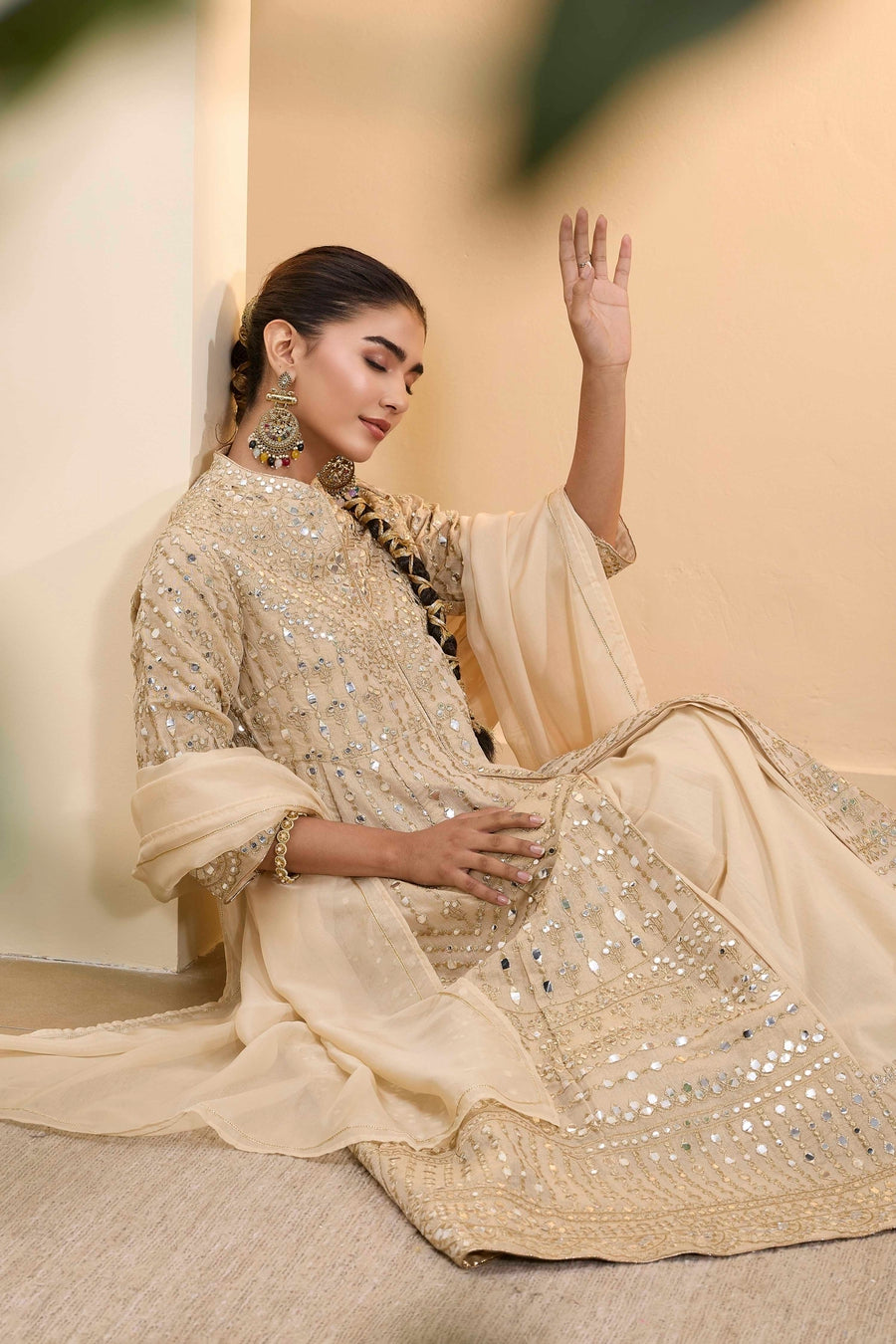 Beige Cotton Zari Tissue Kalidar Kurta Set