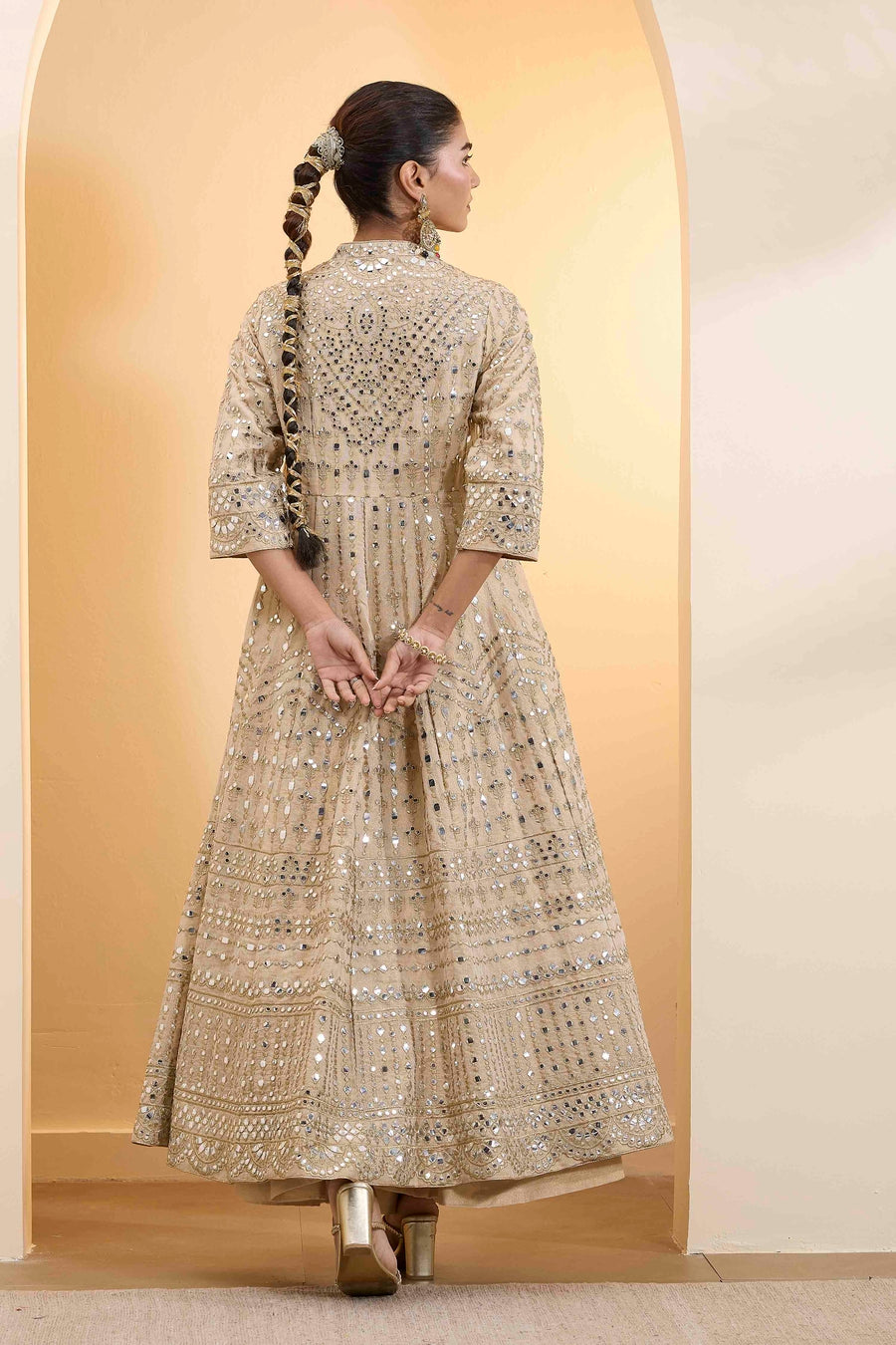 Beige Cotton Zari Tissue Kalidar Kurta Set