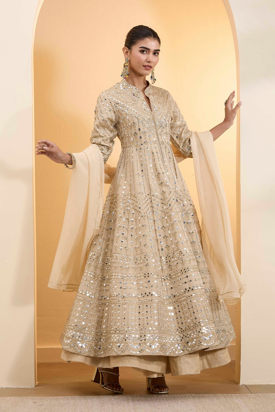 Beige Cotton Zari Tissue Kalidar Kurta Set