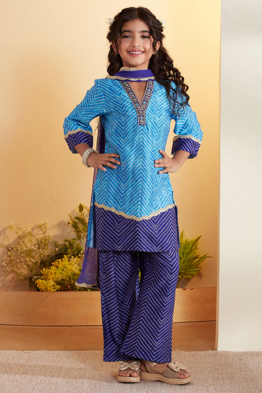 Girls turquoise embellished kurta and palazzo set by BIBA, image 1 of 4