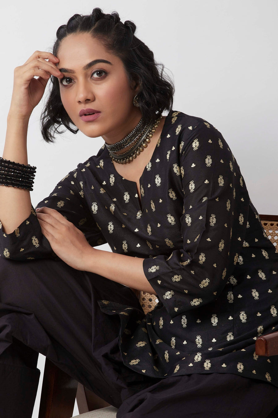 Black Printed Short Kurta