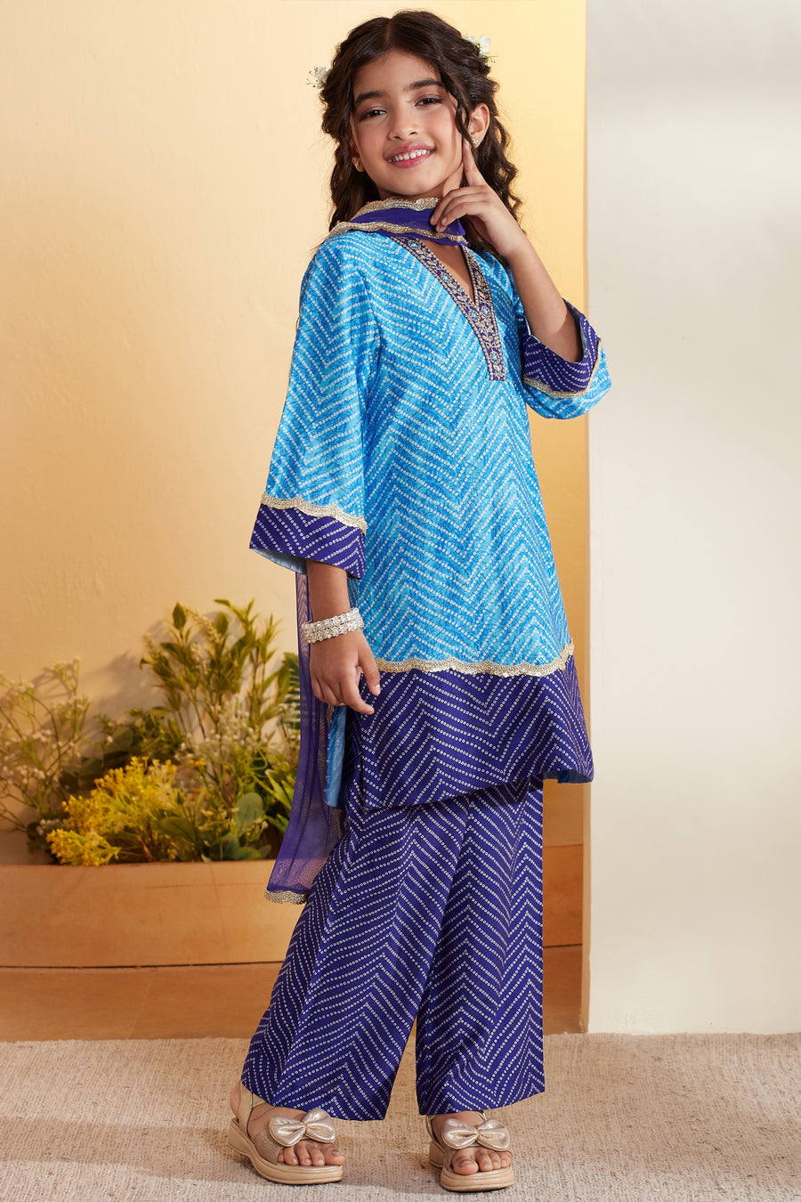 Girls turquoise embellished kurta and palazzo set by BIBA, image 4 of 4