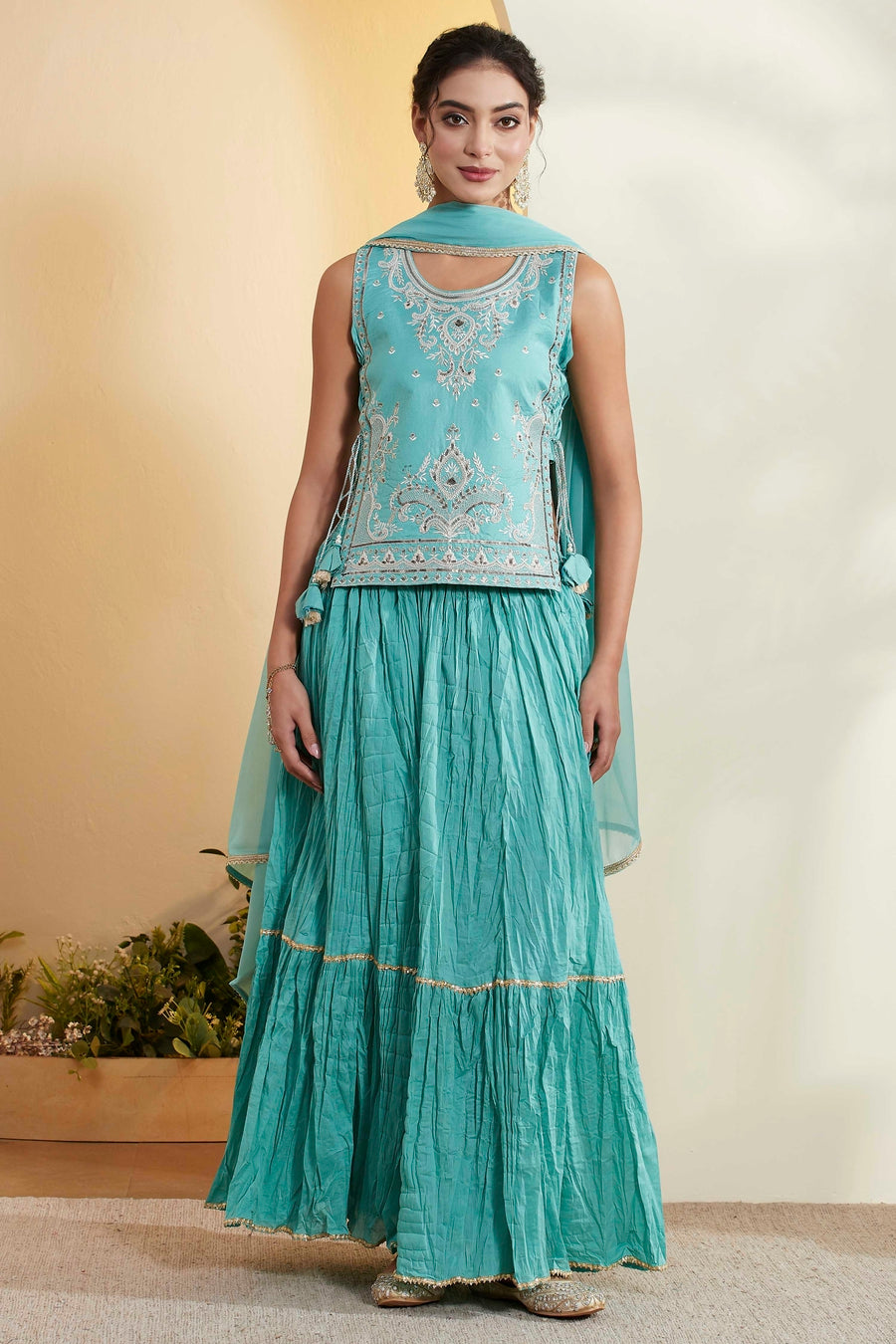 Aqua Embroidered Sleeveless Flared Lehenga