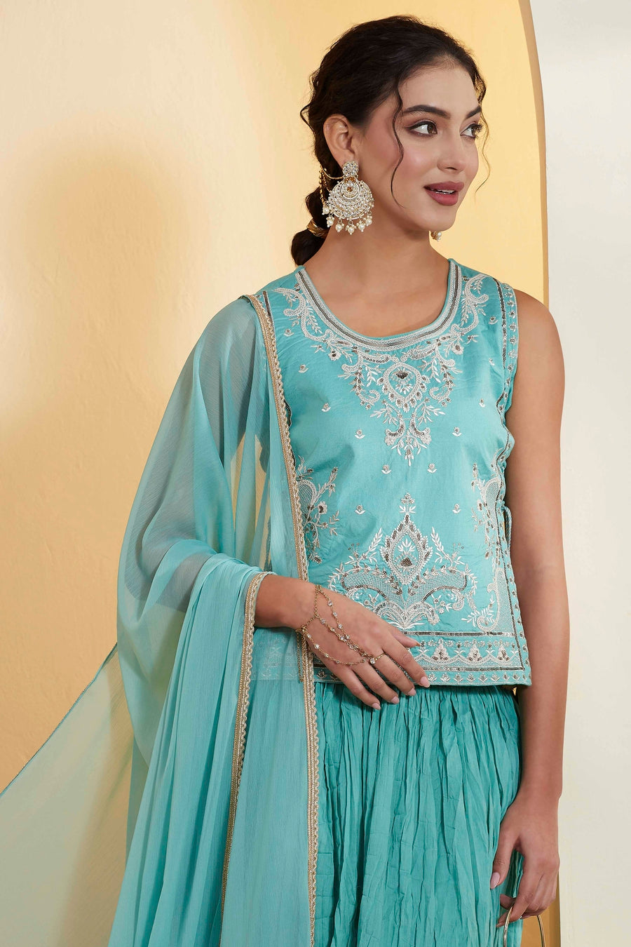 Aqua Embroidered Sleeveless Flared Lehenga
