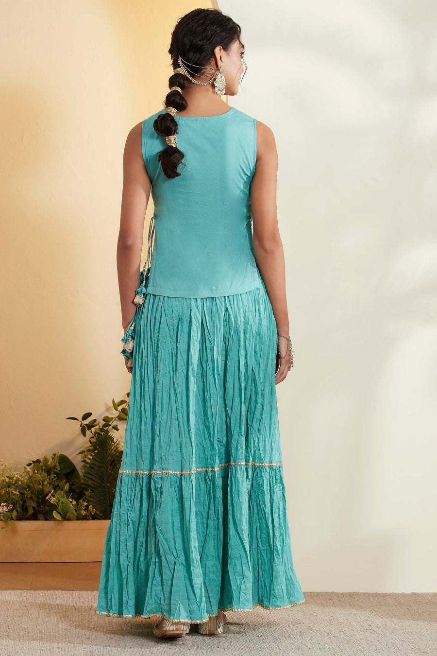 Aqua Embroidered Sleeveless Flared Lehenga