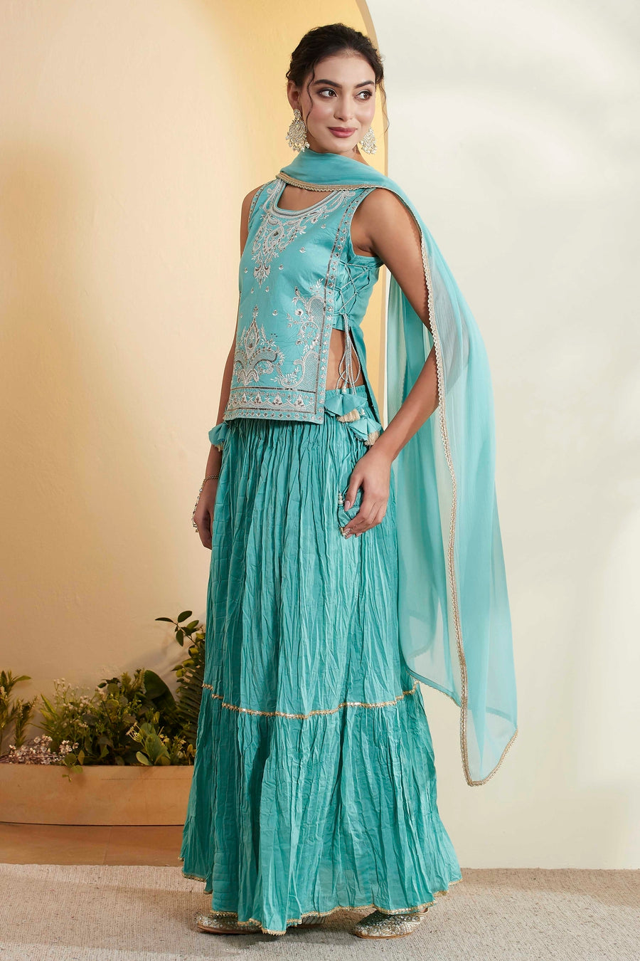 Aqua Embroidered Sleeveless Flared Lehenga
