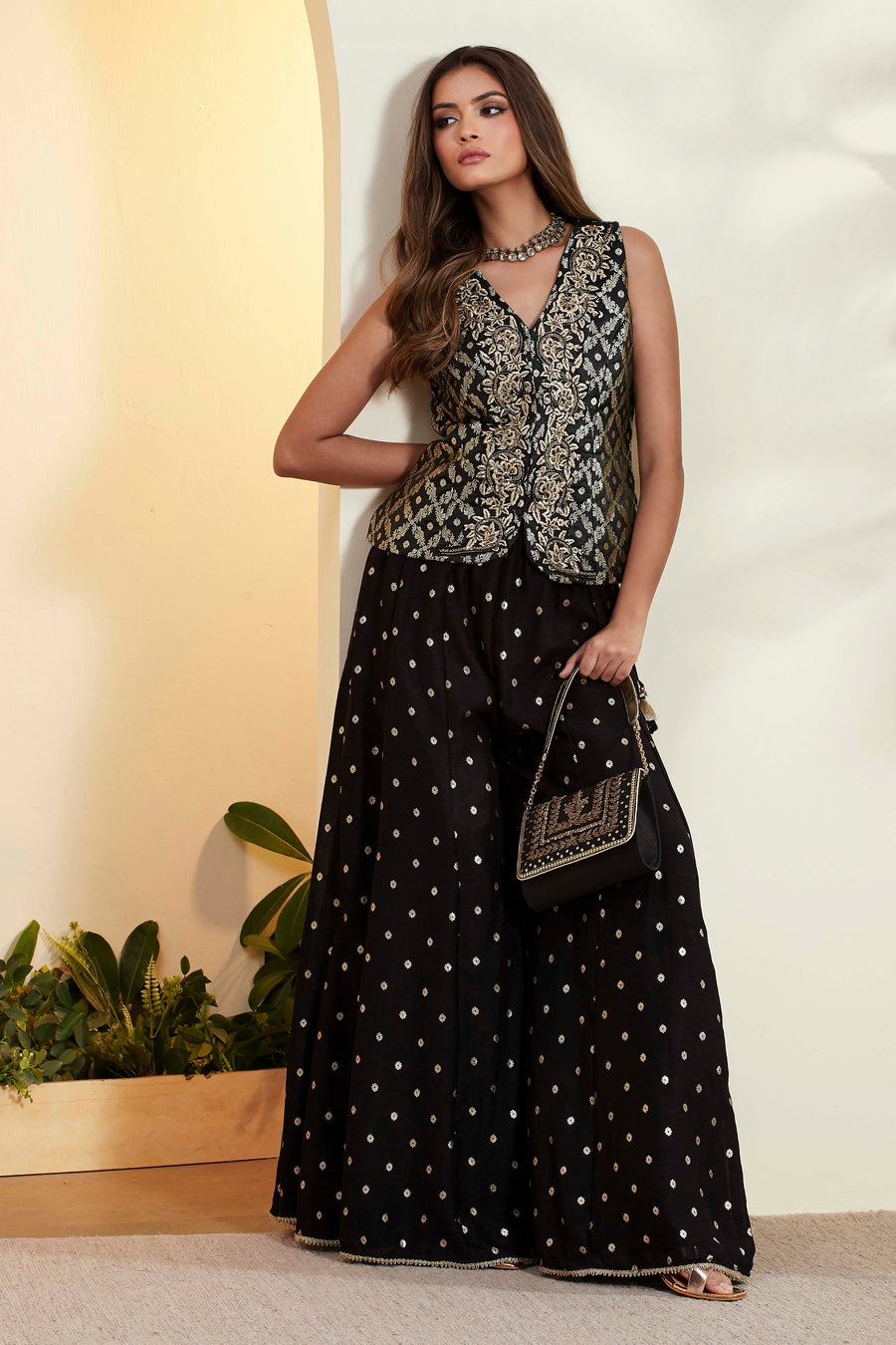 Black Embroidered Peplum Top with Flared Sharara Palazzo Set