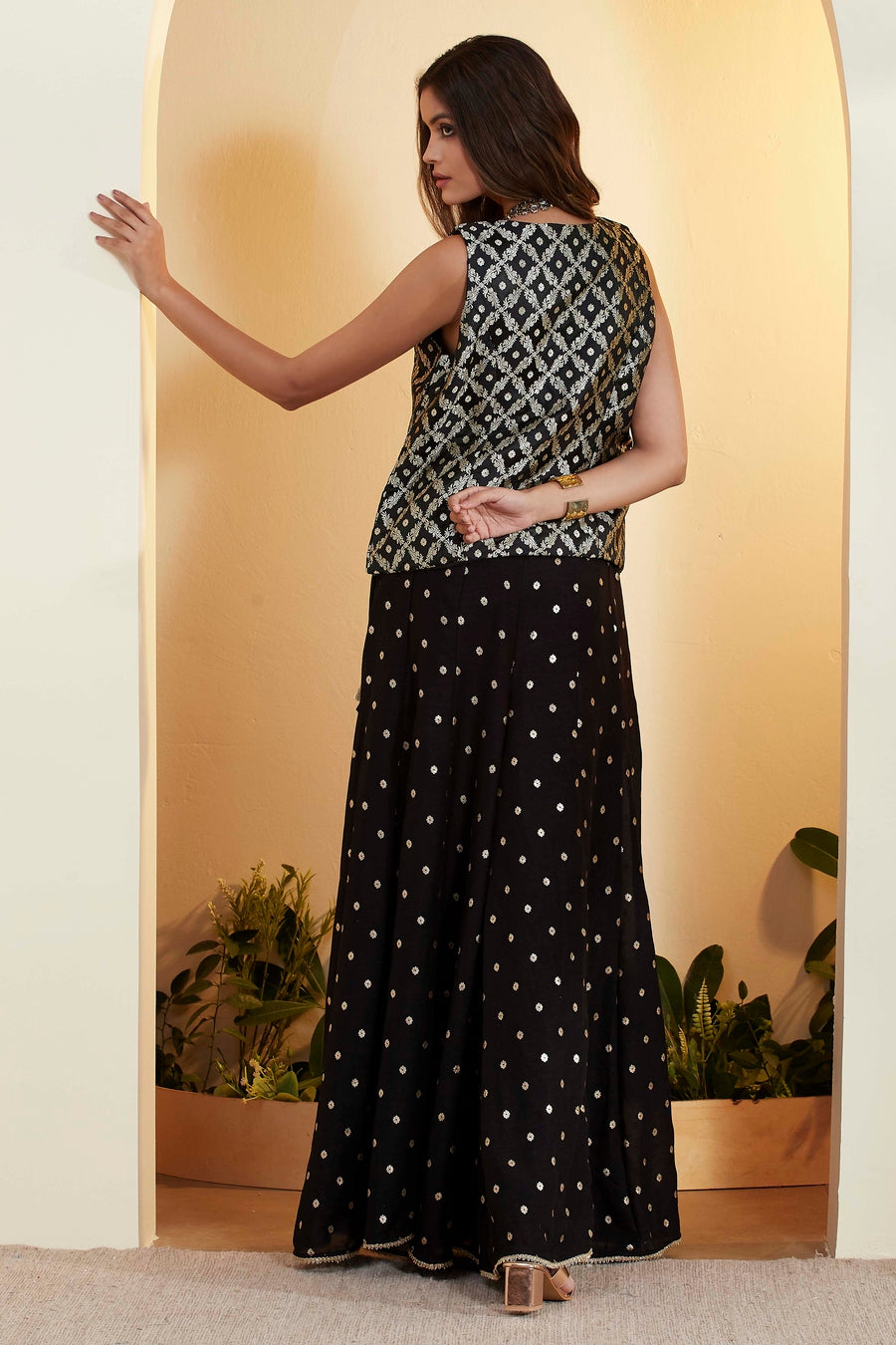 Black Embroidered Peplum Top with Flared Sharara Palazzo Set