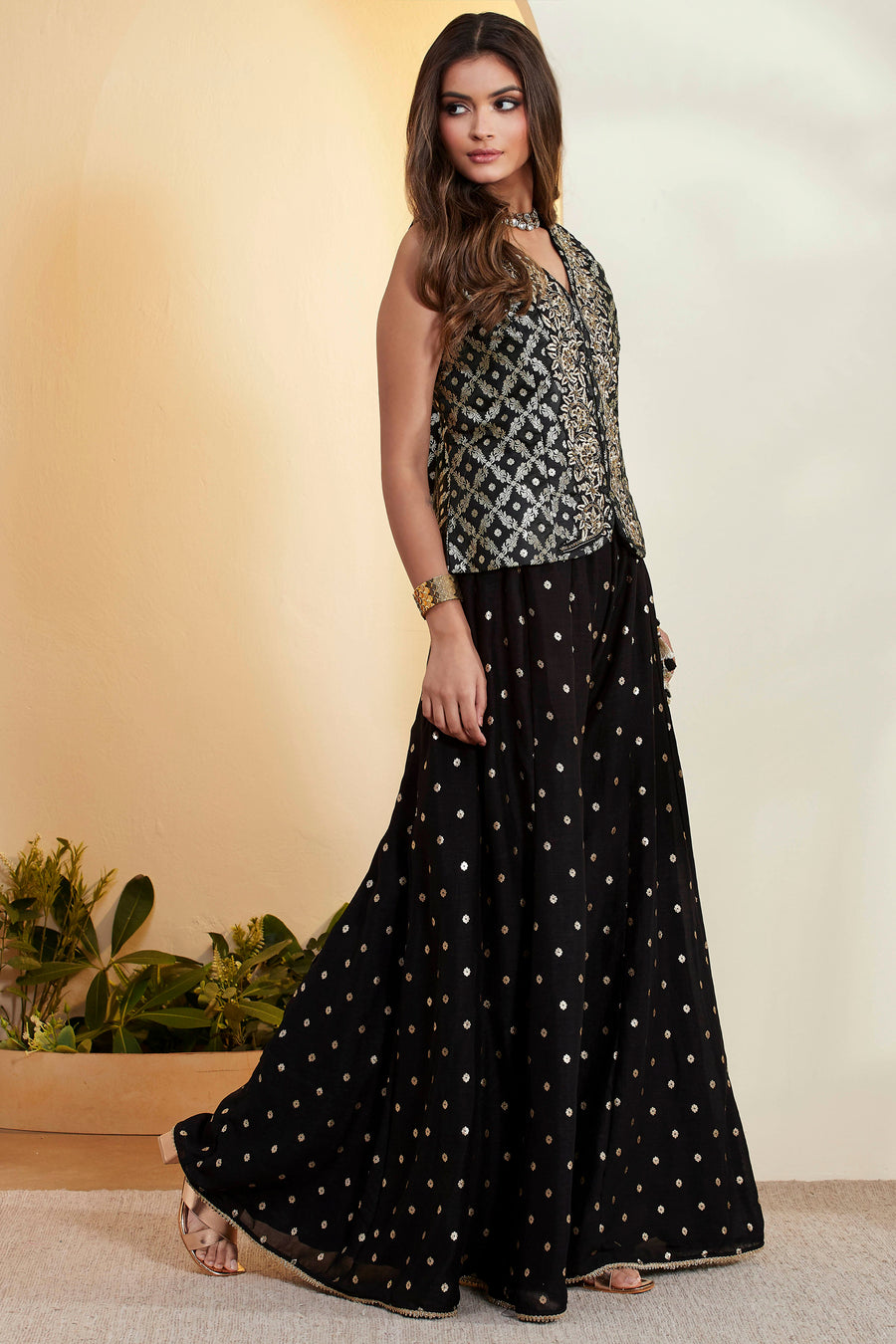 Black Embroidered Peplum Top with Flared Sharara Palazzo Set