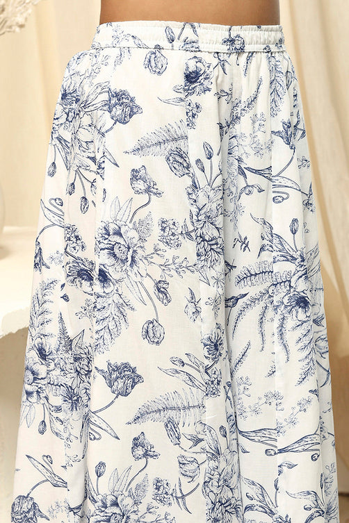 Off-White and Blue Cotton Flared Kurta Set