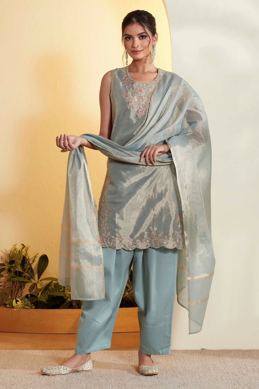 Blue Embroidered Sleeveless Kurta Set