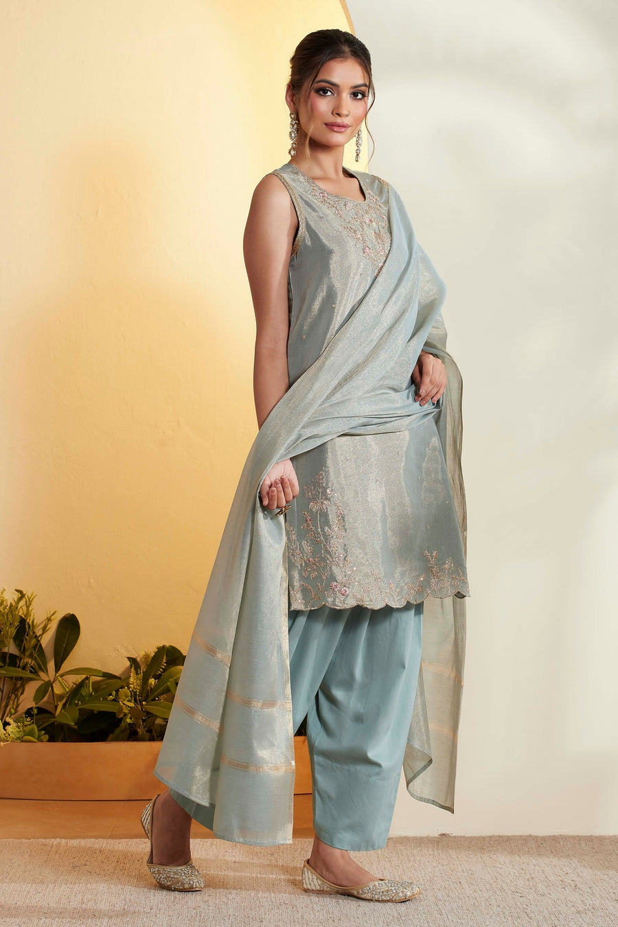 Blue Embroidered Sleeveless Kurta Set