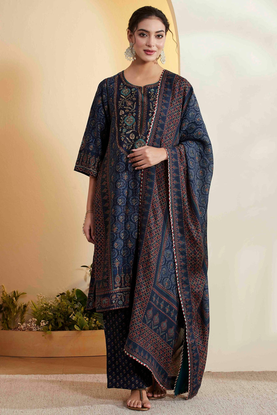 Blue Ajrakh Printed &amp; Embroidered Kurta Set