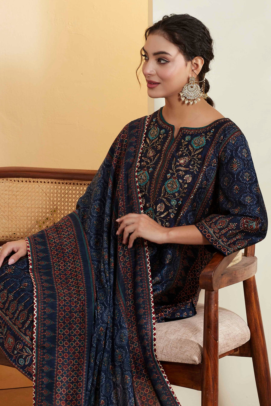 Blue Ajrakh Printed &amp; Embroidered Kurta Set