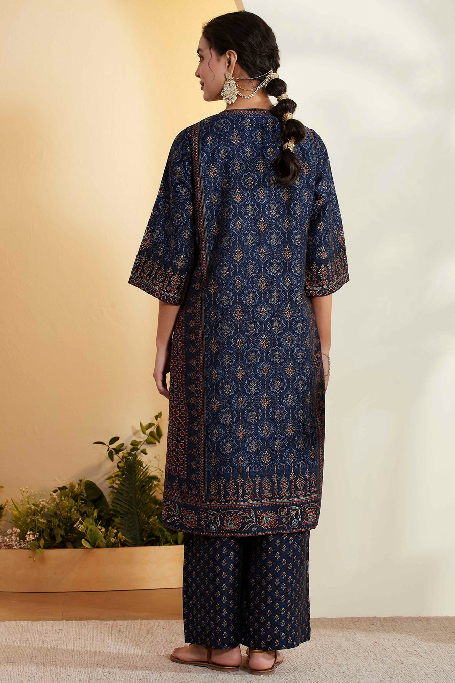 Blue Ajrakh Printed &amp; Embroidered Kurta Set