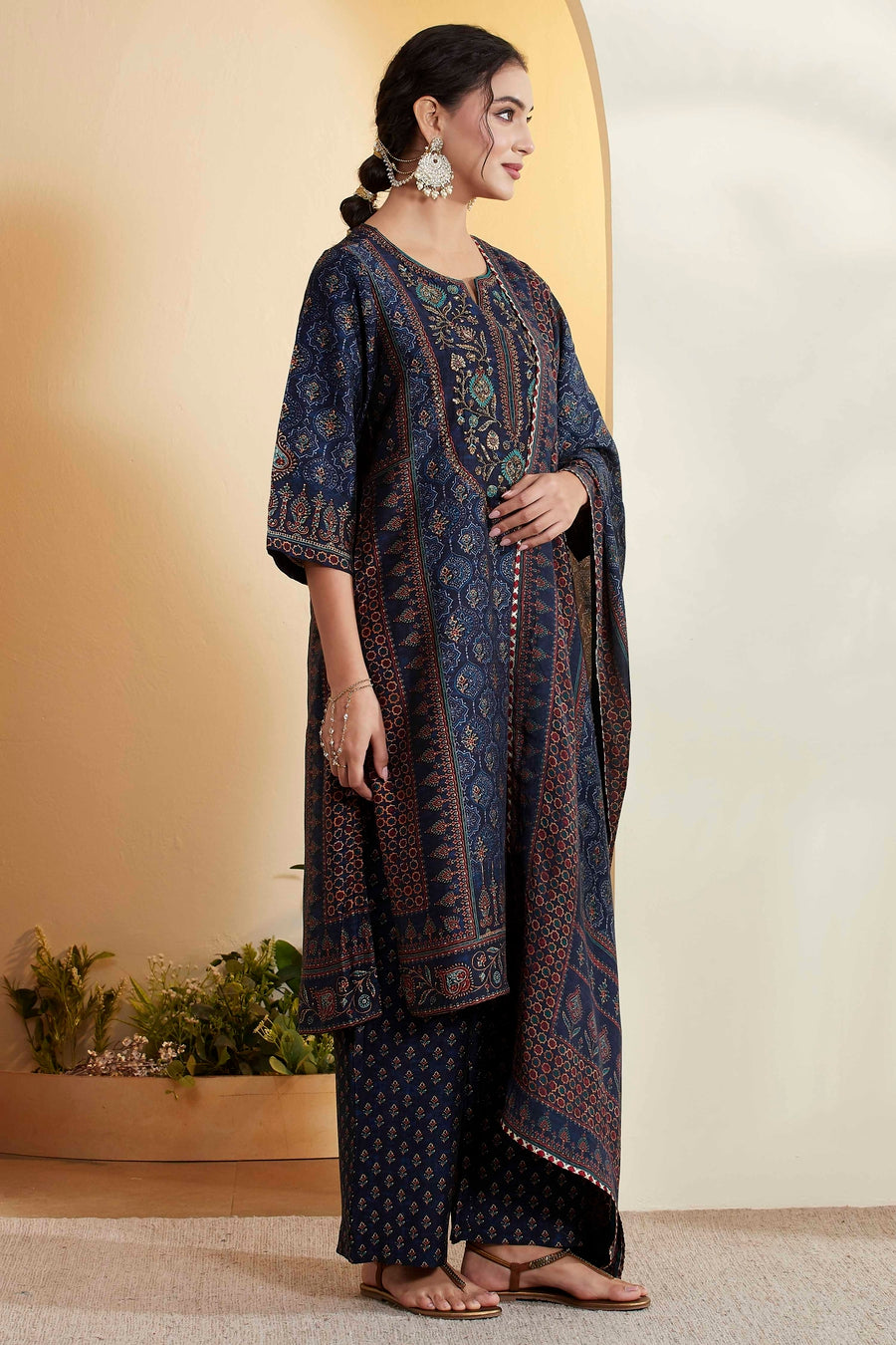 Blue Ajrakh Printed &amp; Embroidered Kurta Set