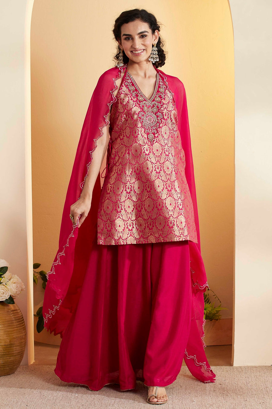 Fuchsia Brocade Kurta Sharara Set