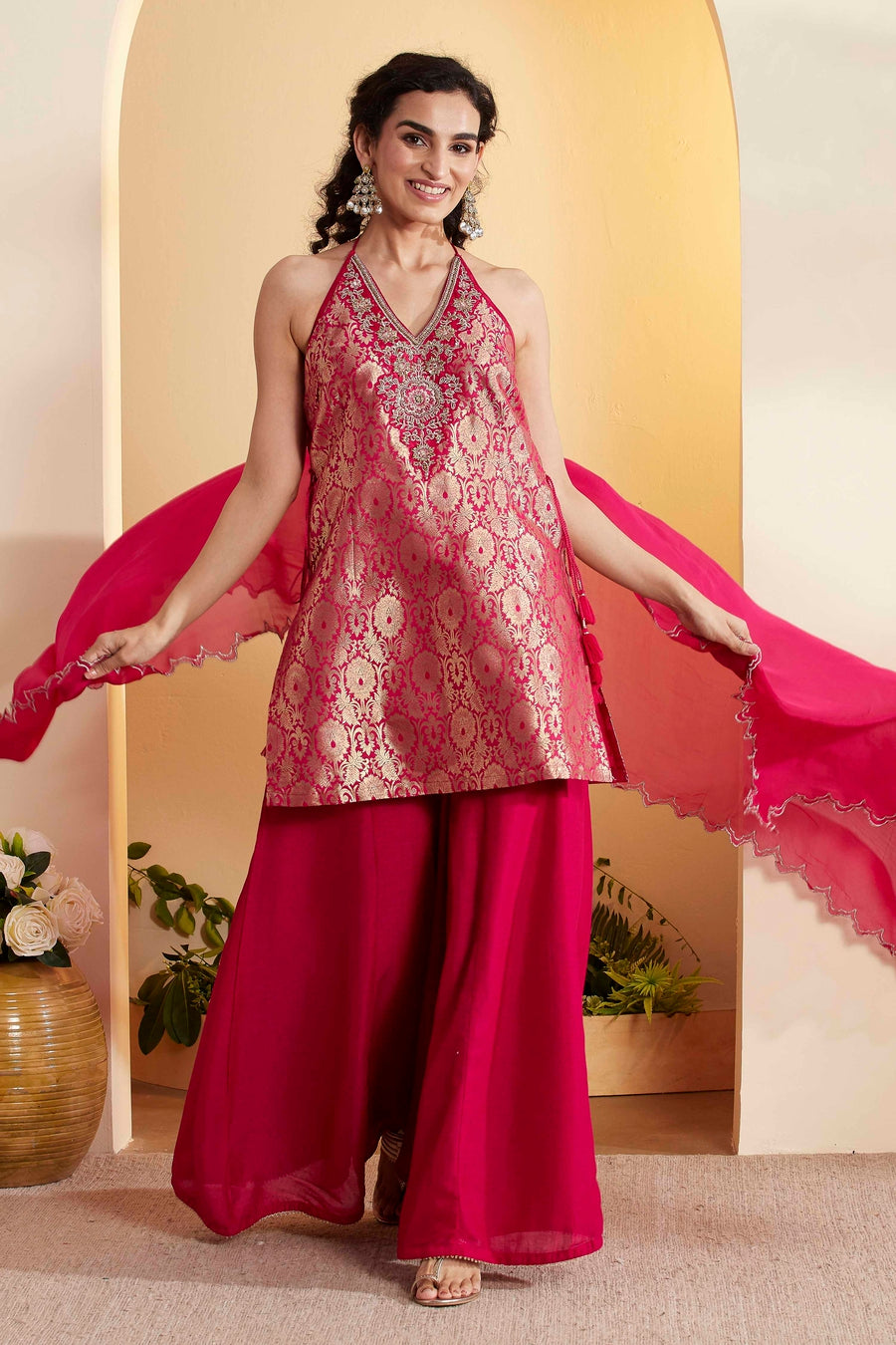 Fuchsia Brocade Kurta Sharara Set