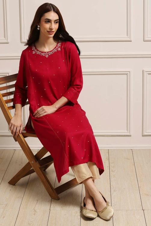 Red Viscose Rayon Sequin Embroidered Straight Kurta