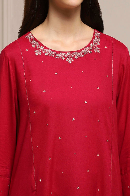 Red Viscose Rayon Sequin Embroidered Straight Kurta