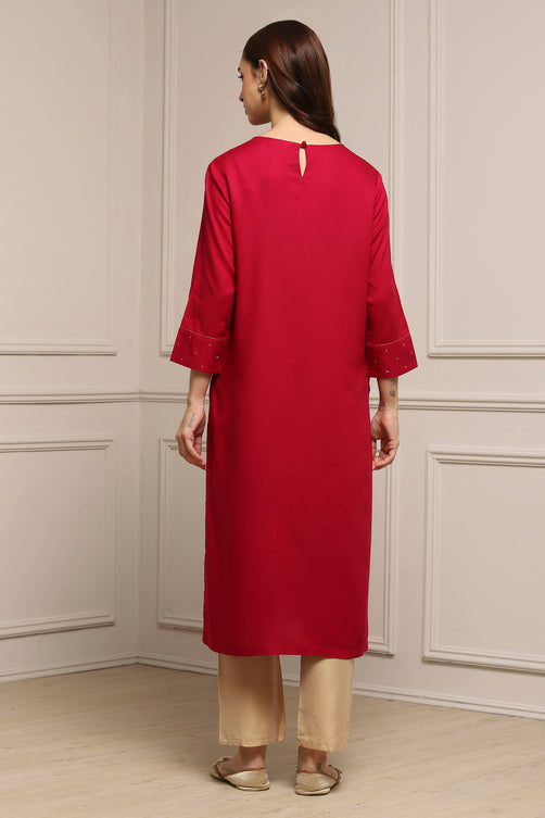 Red Viscose Rayon Sequin Embroidered Straight Kurta