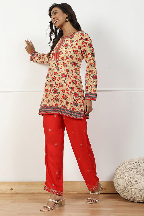 Red Printed Regular Fit Straight Pants
