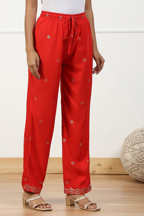 Red Printed Regular Fit Straight Pants