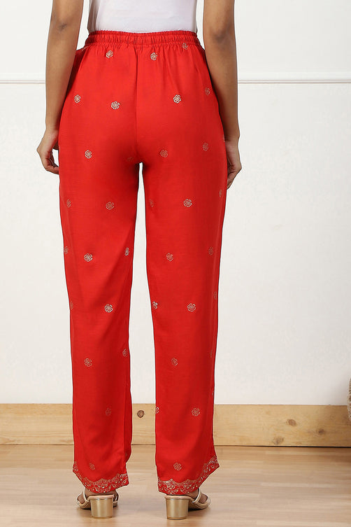 Red Printed Regular Fit Straight Pants